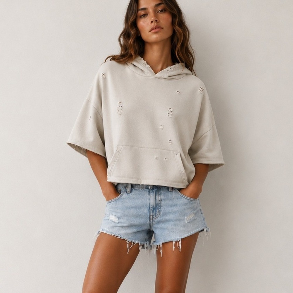 Zara Distressed Cropped Hoodie Sweatshirt Beige Raw Hem Size M